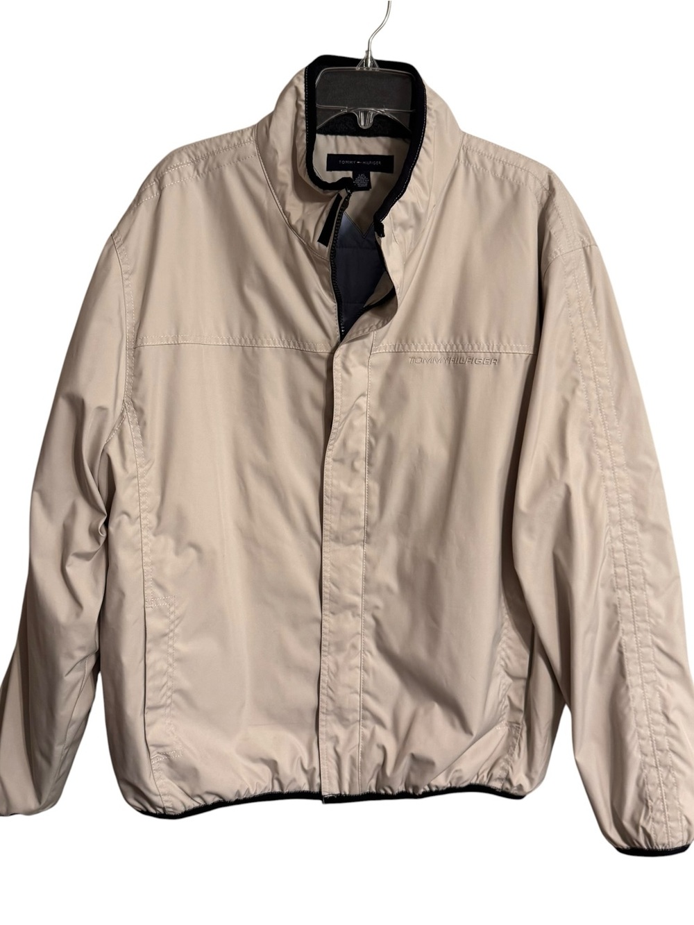 Vintage Tommy Hilfiger Men’s Cream Khaki Jacket with Light Blue Lining Large